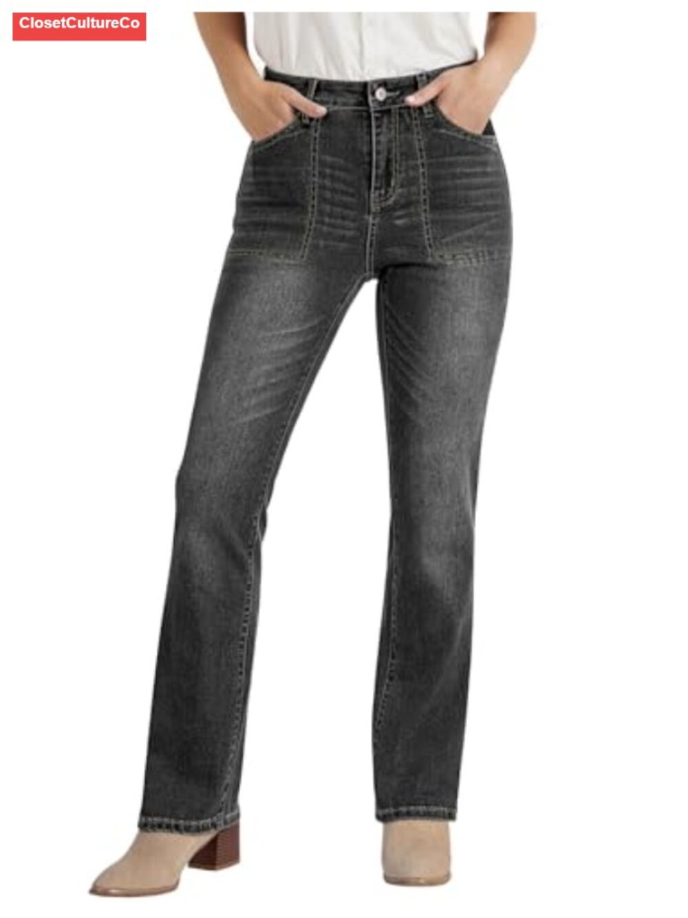 High Waisted Bootcut Jeans Stretchy Denim Patch Pocket Women's